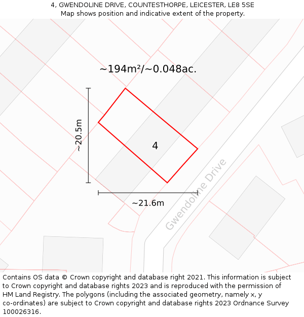 4, GWENDOLINE DRIVE, COUNTESTHORPE, LEICESTER, LE8 5SE: Plot and title map
