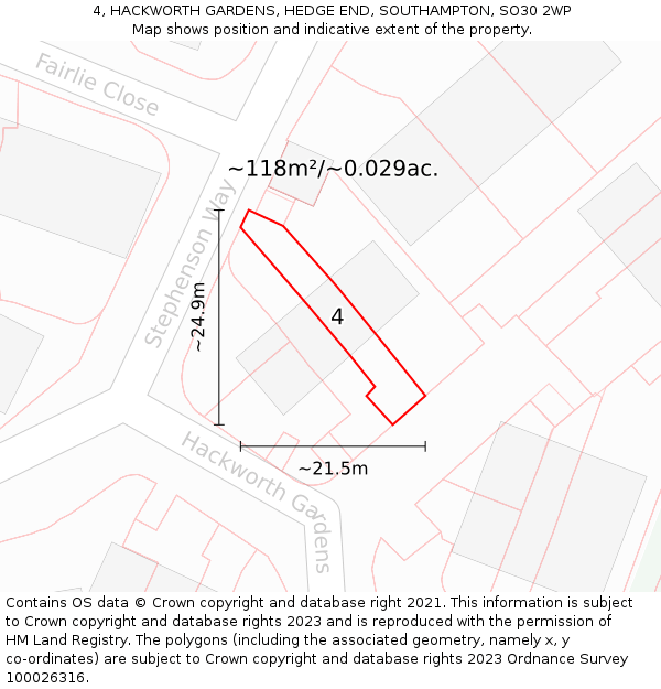 4, HACKWORTH GARDENS, HEDGE END, SOUTHAMPTON, SO30 2WP: Plot and title map