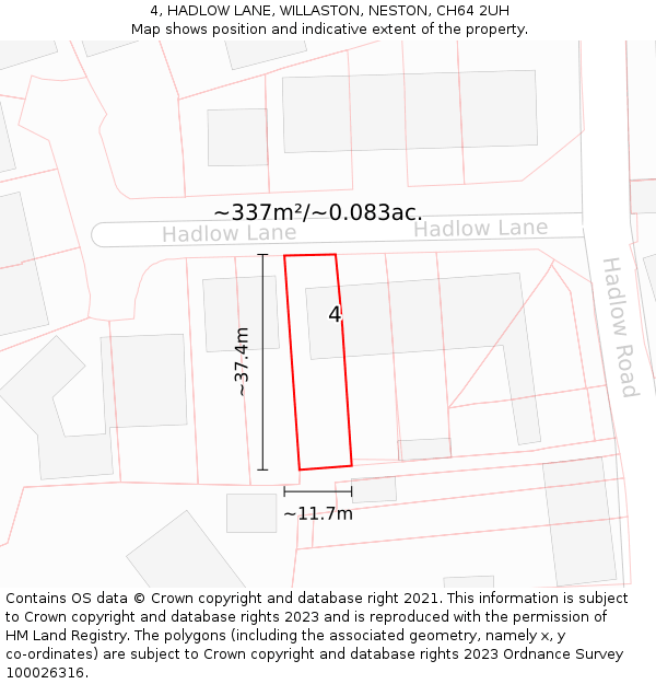4, HADLOW LANE, WILLASTON, NESTON, CH64 2UH: Plot and title map