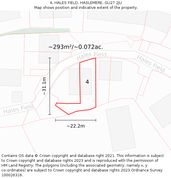 4, HALES FIELD, HASLEMERE, GU27 2JU: Plot and title map