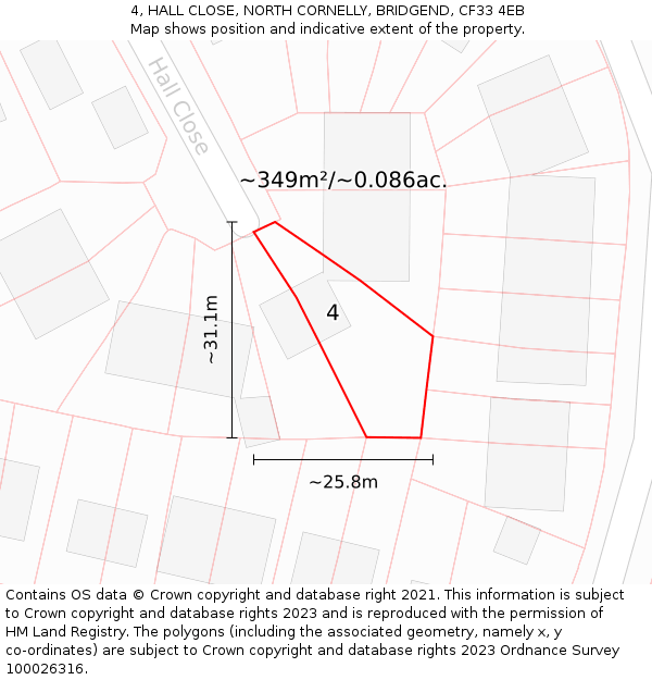 4, HALL CLOSE, NORTH CORNELLY, BRIDGEND, CF33 4EB: Plot and title map