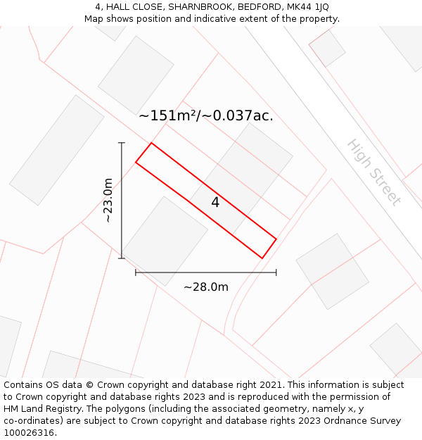 4, HALL CLOSE, SHARNBROOK, BEDFORD, MK44 1JQ: Plot and title map