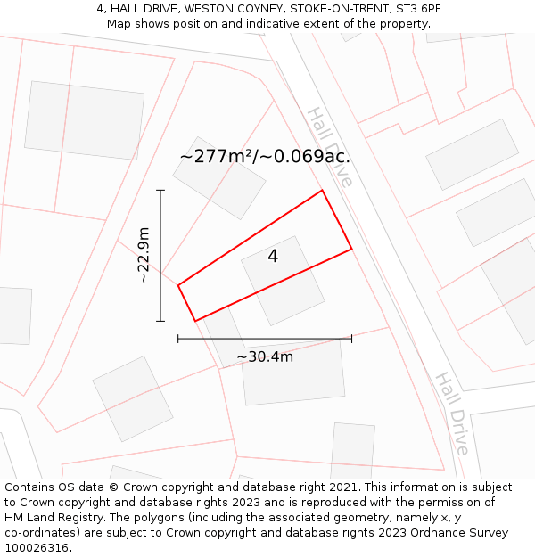 4, HALL DRIVE, WESTON COYNEY, STOKE-ON-TRENT, ST3 6PF: Plot and title map