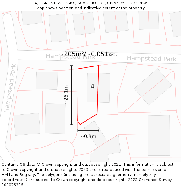 4, HAMPSTEAD PARK, SCARTHO TOP, GRIMSBY, DN33 3RW: Plot and title map
