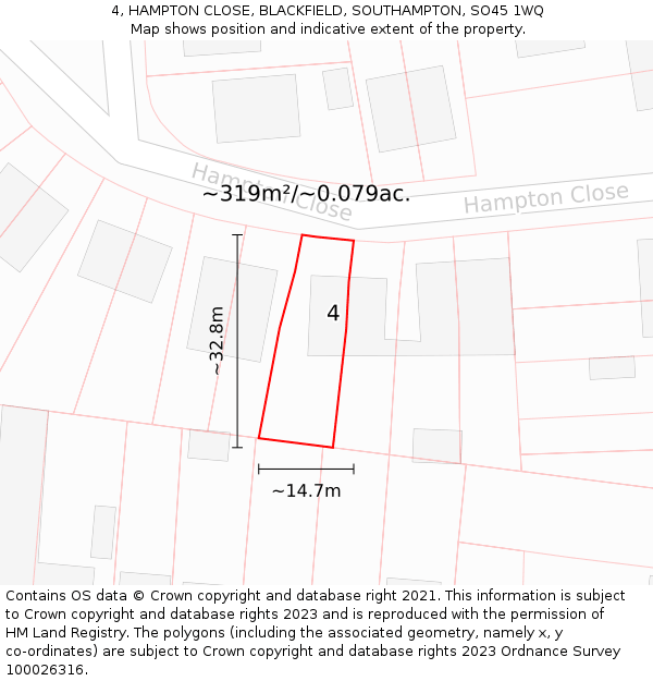 4, HAMPTON CLOSE, BLACKFIELD, SOUTHAMPTON, SO45 1WQ: Plot and title map
