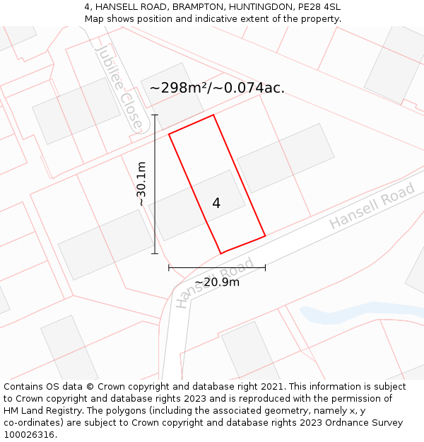 4, HANSELL ROAD, BRAMPTON, HUNTINGDON, PE28 4SL: Plot and title map
