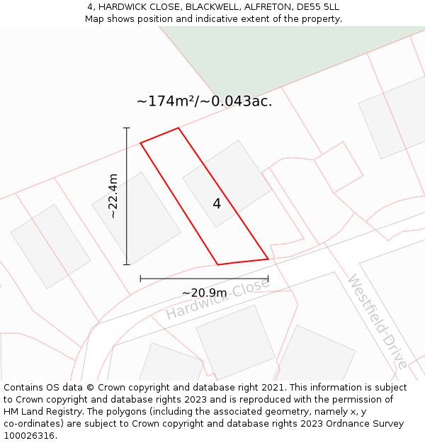 4, HARDWICK CLOSE, BLACKWELL, ALFRETON, DE55 5LL: Plot and title map