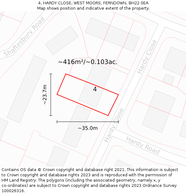 4, HARDY CLOSE, WEST MOORS, FERNDOWN, BH22 0EA: Plot and title map