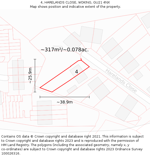 4, HARELANDS CLOSE, WOKING, GU21 4NX: Plot and title map