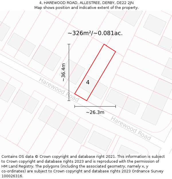 4, HAREWOOD ROAD, ALLESTREE, DERBY, DE22 2JN: Plot and title map
