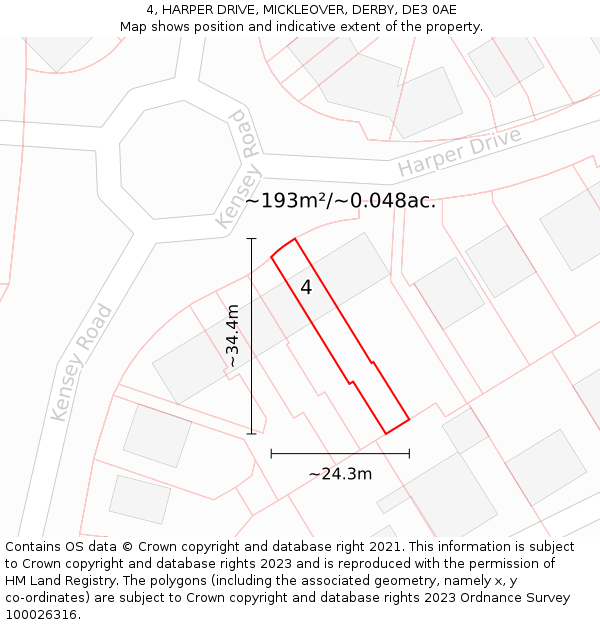 4, HARPER DRIVE, MICKLEOVER, DERBY, DE3 0AE: Plot and title map