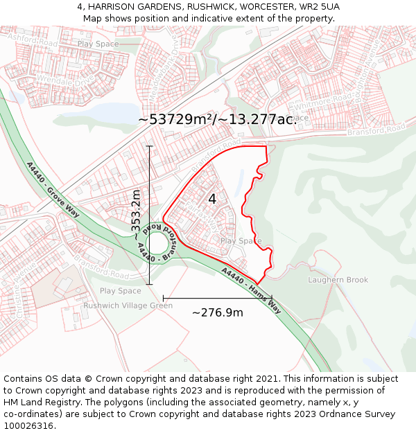 4, HARRISON GARDENS, RUSHWICK, WORCESTER, WR2 5UA: Plot and title map