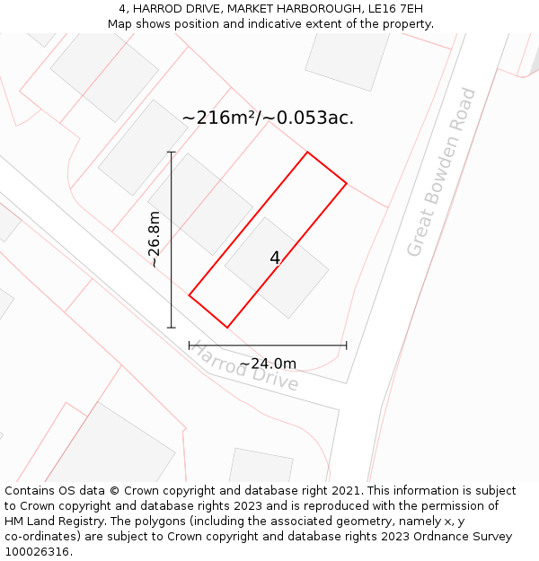 4, HARROD DRIVE, MARKET HARBOROUGH, LE16 7EH: Plot and title map