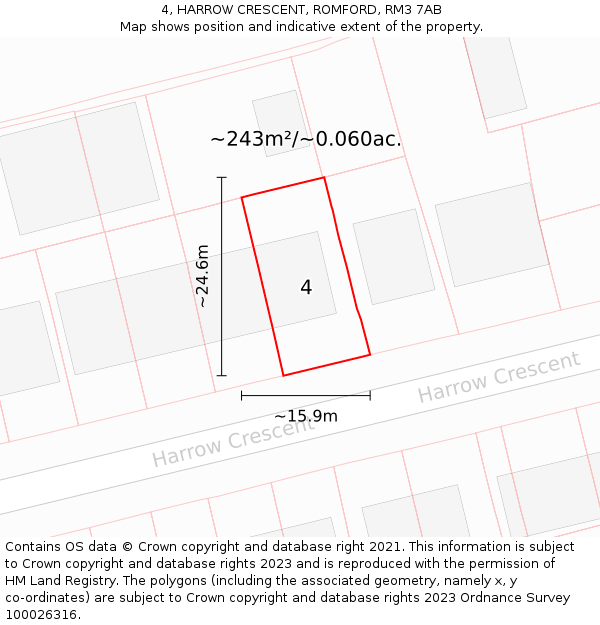 4, HARROW CRESCENT, ROMFORD, RM3 7AB: Plot and title map