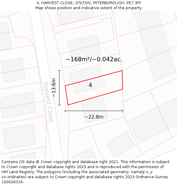 4, HARVEST CLOSE, STILTON, PETERBOROUGH, PE7 3FF: Plot and title map