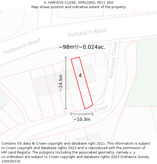 4, HARVEYS CLOSE, SPALDING, PE11 2NX: Plot and title map