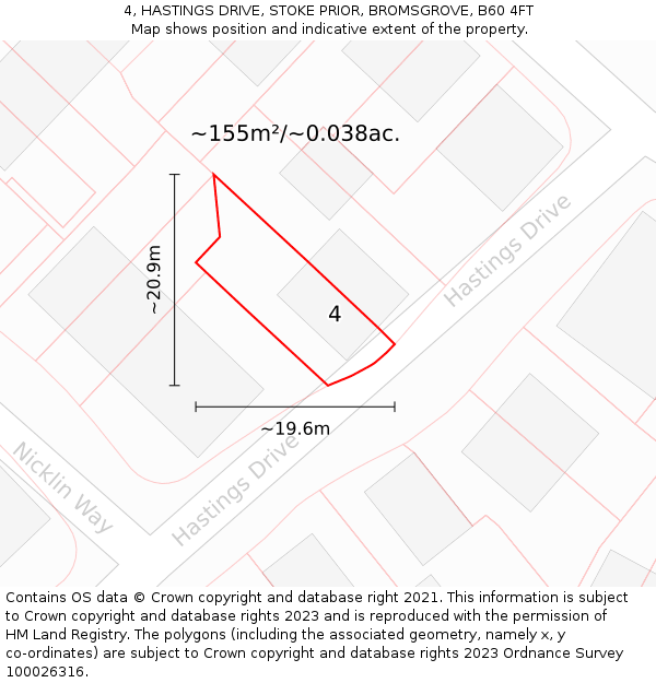 4, HASTINGS DRIVE, STOKE PRIOR, BROMSGROVE, B60 4FT: Plot and title map
