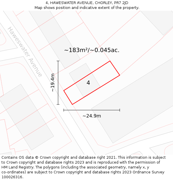 4, HAWESWATER AVENUE, CHORLEY, PR7 2JD: Plot and title map