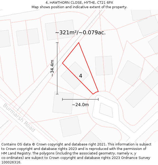 4, HAWTHORN CLOSE, HYTHE, CT21 6PX: Plot and title map