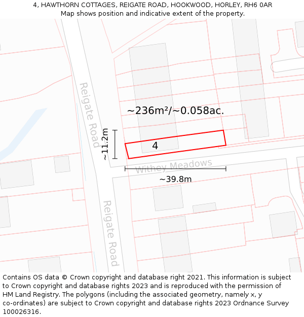 4, HAWTHORN COTTAGES, REIGATE ROAD, HOOKWOOD, HORLEY, RH6 0AR: Plot and title map