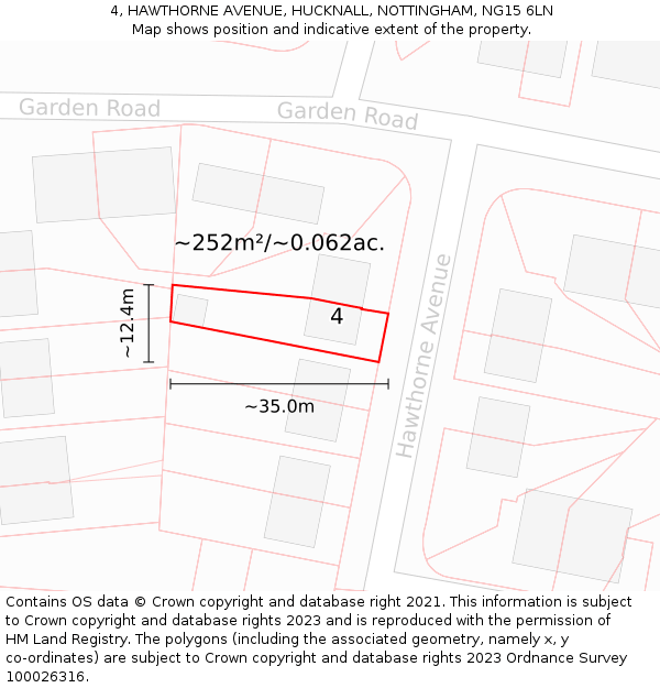 4, HAWTHORNE AVENUE, HUCKNALL, NOTTINGHAM, NG15 6LN: Plot and title map