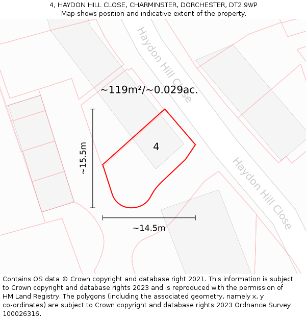 4, HAYDON HILL CLOSE, CHARMINSTER, DORCHESTER, DT2 9WP: Plot and title map