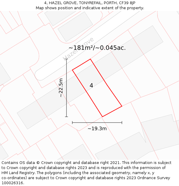 4, HAZEL GROVE, TONYREFAIL, PORTH, CF39 8JP: Plot and title map