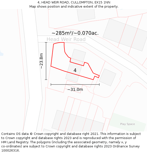 4, HEAD WEIR ROAD, CULLOMPTON, EX15 1NN: Plot and title map