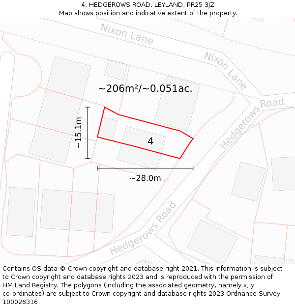 4, HEDGEROWS ROAD, LEYLAND, PR25 3JZ: Plot and title map