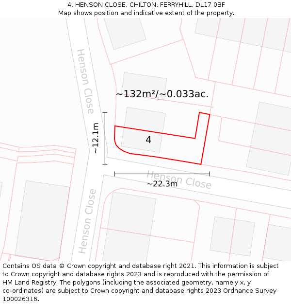 4, HENSON CLOSE, CHILTON, FERRYHILL, DL17 0BF: Plot and title map