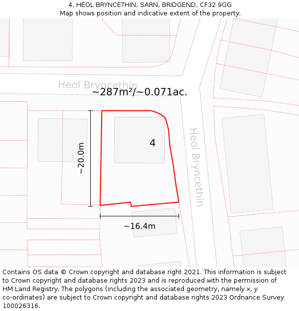 4, HEOL BRYNCETHIN, SARN, BRIDGEND, CF32 9GG: Plot and title map