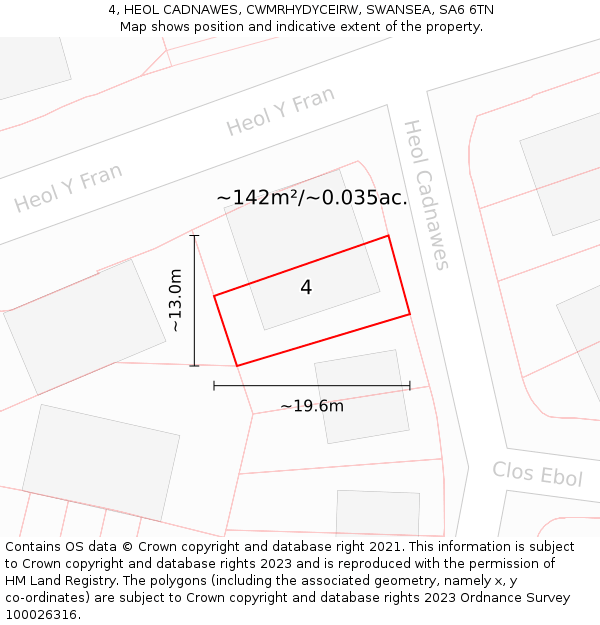 4, HEOL CADNAWES, CWMRHYDYCEIRW, SWANSEA, SA6 6TN: Plot and title map