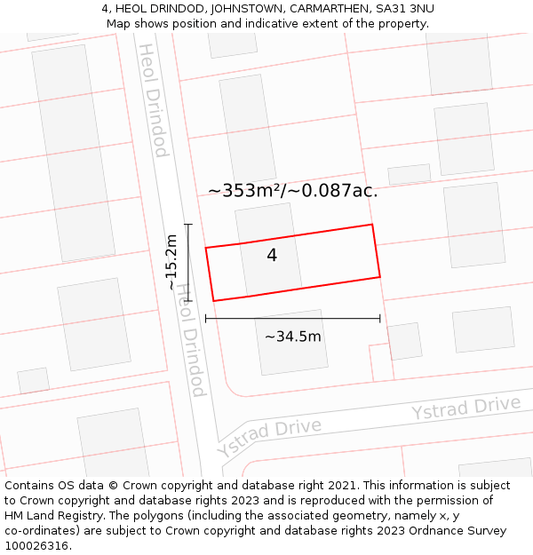 4, HEOL DRINDOD, JOHNSTOWN, CARMARTHEN, SA31 3NU: Plot and title map