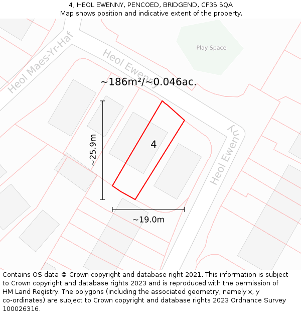 4, HEOL EWENNY, PENCOED, BRIDGEND, CF35 5QA: Plot and title map