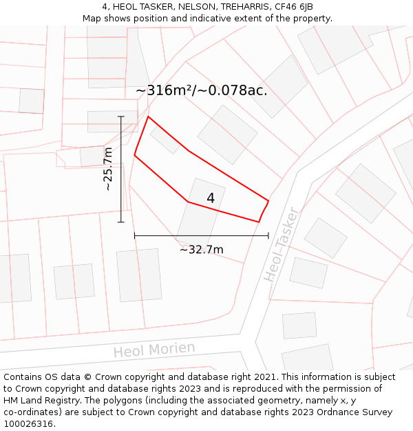 4, HEOL TASKER, NELSON, TREHARRIS, CF46 6JB: Plot and title map