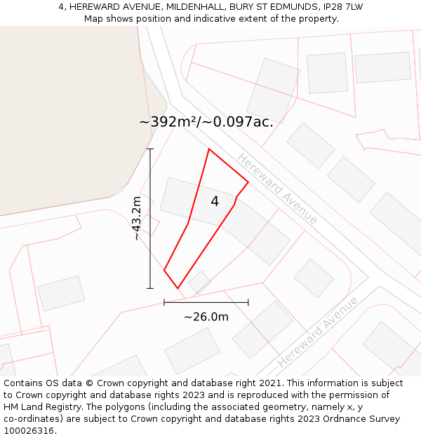4, HEREWARD AVENUE, MILDENHALL, BURY ST EDMUNDS, IP28 7LW: Plot and title map