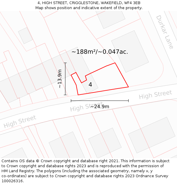 4, HIGH STREET, CRIGGLESTONE, WAKEFIELD, WF4 3EB: Plot and title map