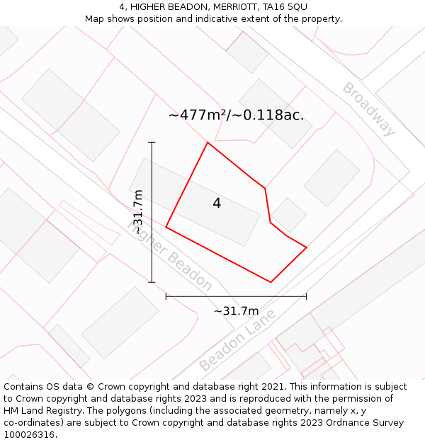 4, HIGHER BEADON, MERRIOTT, TA16 5QU: Plot and title map