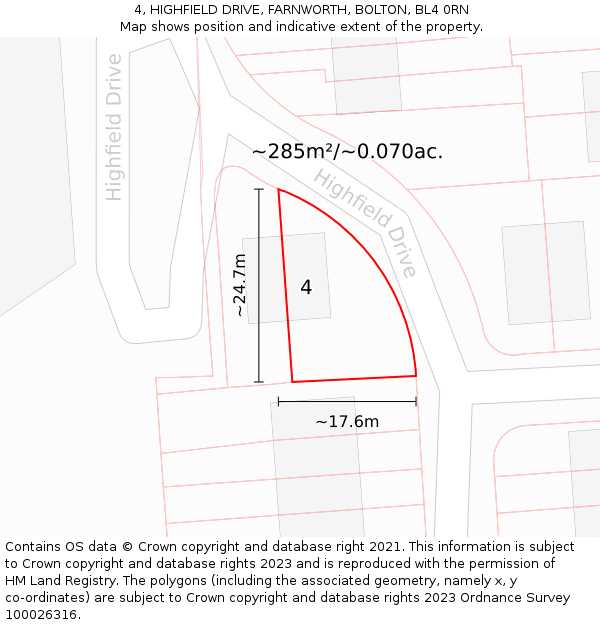 4, HIGHFIELD DRIVE, FARNWORTH, BOLTON, BL4 0RN: Plot and title map
