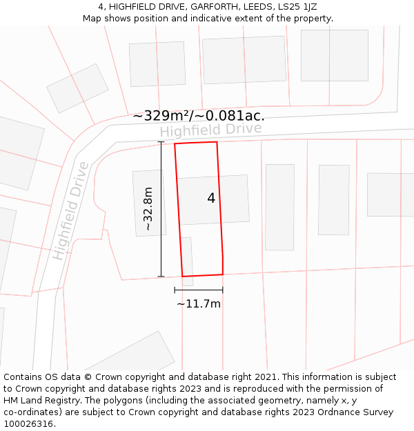 4, HIGHFIELD DRIVE, GARFORTH, LEEDS, LS25 1JZ: Plot and title map