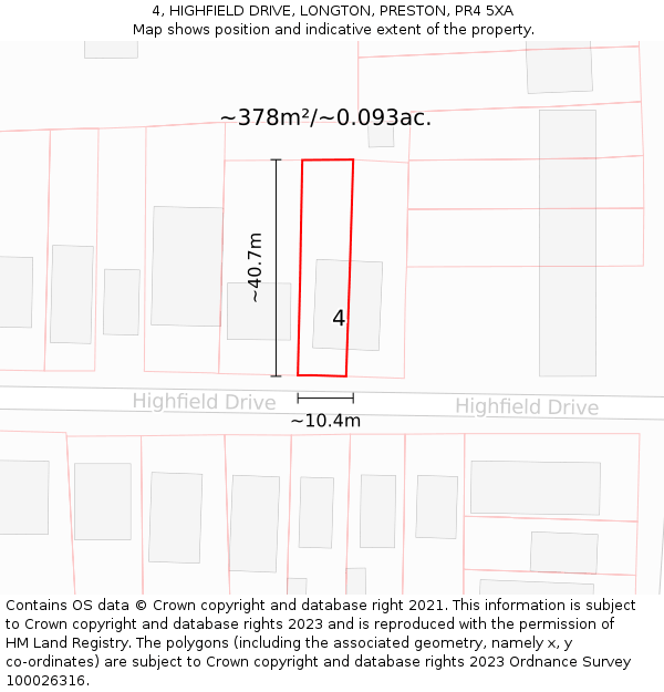 4, HIGHFIELD DRIVE, LONGTON, PRESTON, PR4 5XA: Plot and title map