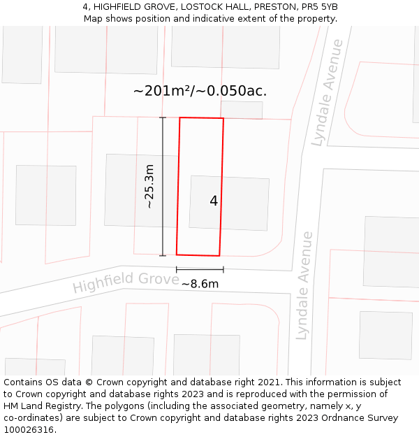 4, HIGHFIELD GROVE, LOSTOCK HALL, PRESTON, PR5 5YB: Plot and title map