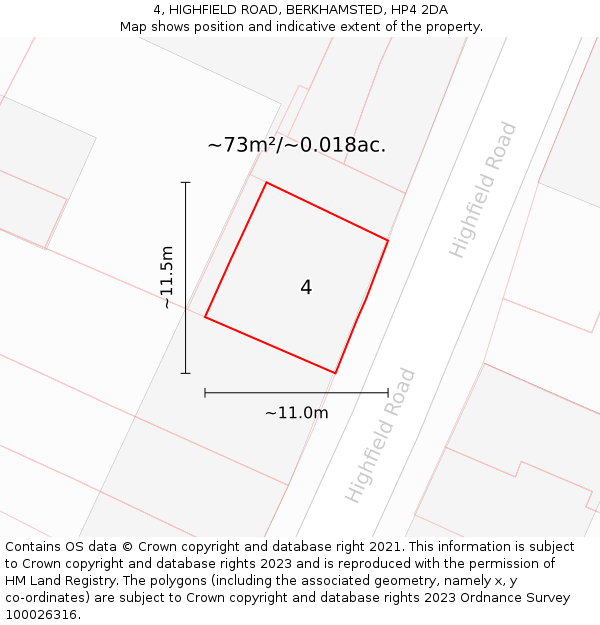 4, HIGHFIELD ROAD, BERKHAMSTED, HP4 2DA: Plot and title map