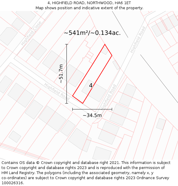 4, HIGHFIELD ROAD, NORTHWOOD, HA6 1ET: Plot and title map
