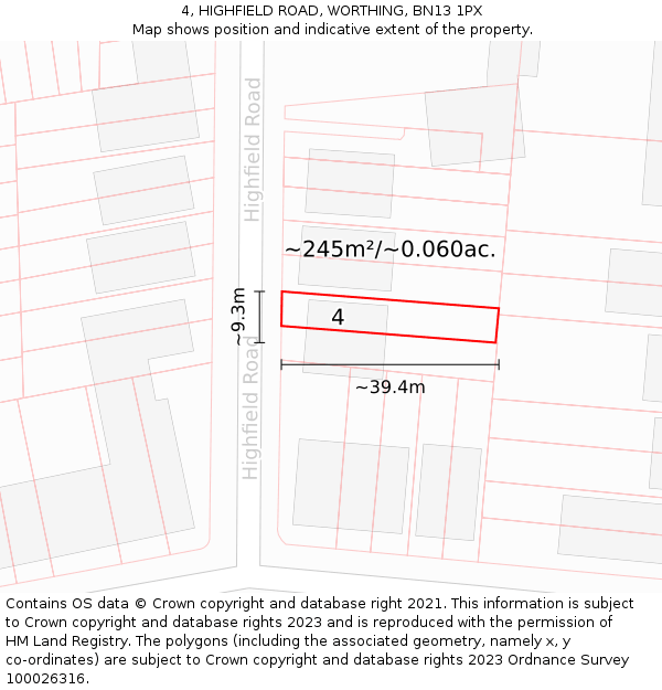 4, HIGHFIELD ROAD, WORTHING, BN13 1PX: Plot and title map