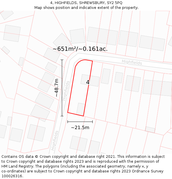 4, HIGHFIELDS, SHREWSBURY, SY2 5PQ: Plot and title map