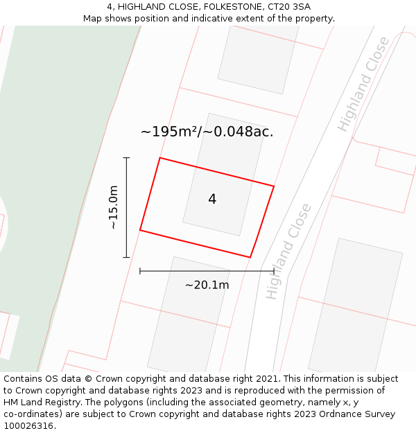 4, HIGHLAND CLOSE, FOLKESTONE, CT20 3SA: Plot and title map