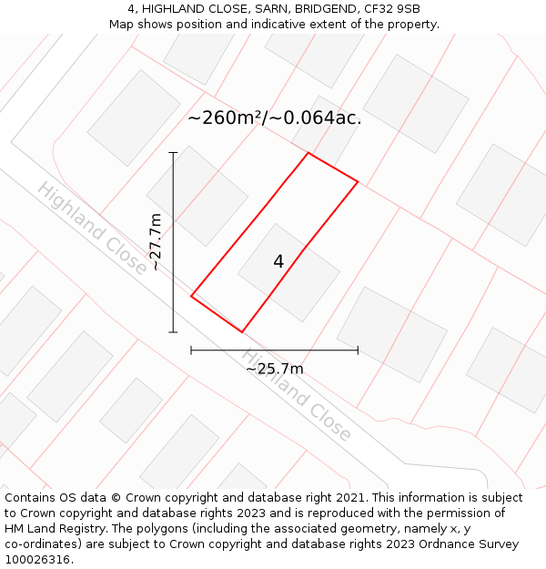 4, HIGHLAND CLOSE, SARN, BRIDGEND, CF32 9SB: Plot and title map