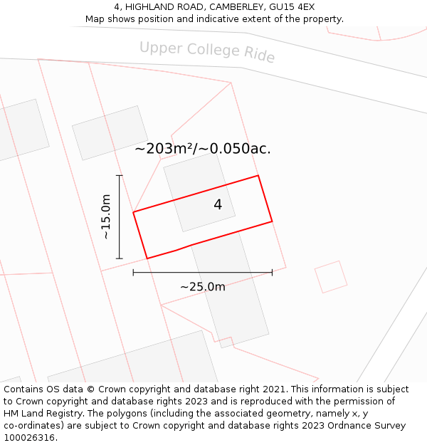 4, HIGHLAND ROAD, CAMBERLEY, GU15 4EX: Plot and title map
