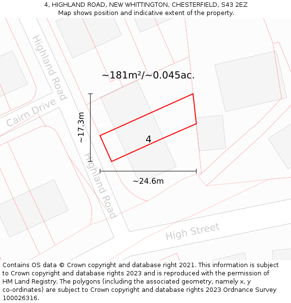 4, HIGHLAND ROAD, NEW WHITTINGTON, CHESTERFIELD, S43 2EZ: Plot and title map